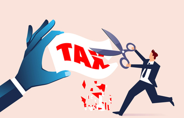 graphic with person cutting tax banner