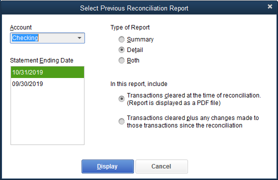 QuickBooks “Select Previous Reconciliation Report” screen
