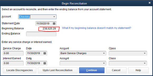 QuickBooks “Begin Reconciliation” screen